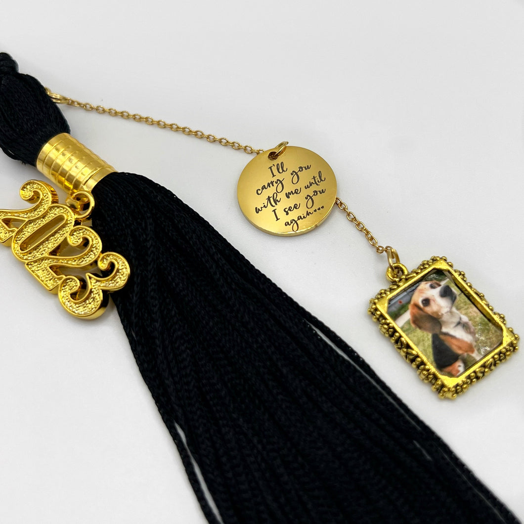 SM Gold Graduation Cap Photo Frame Tassel/Car Charm with Engraved Memorial Charm (UPLOAD YOUR OWN PHOTO)