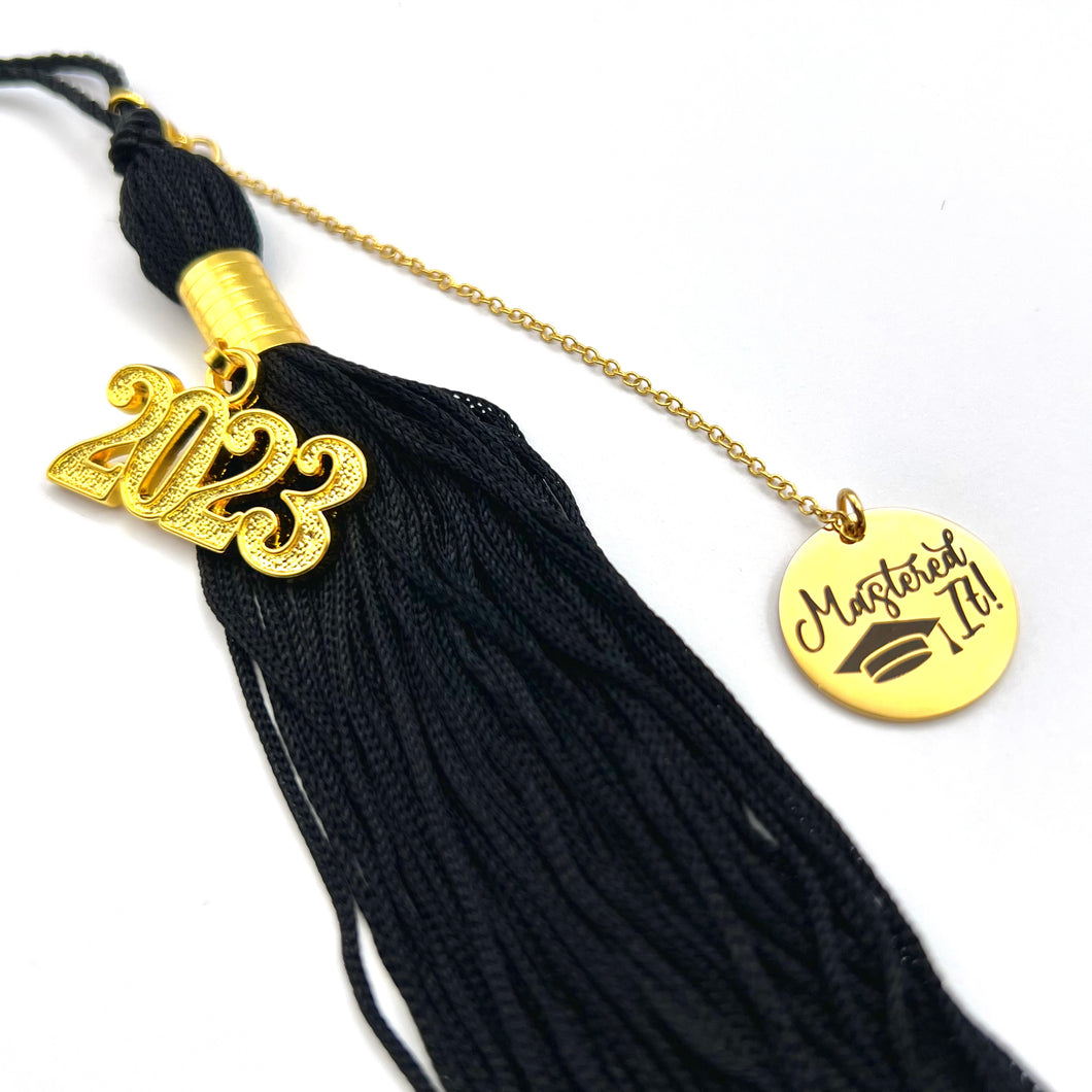 Gold Masters Degree Graduation Cap Engraved Tassel/Car Charm